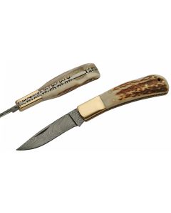 Damascus DM1168 Stag Bone Handle Folding Knife