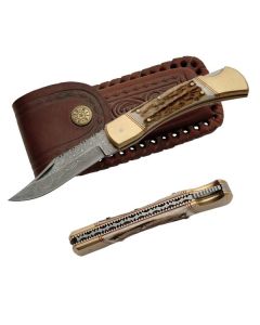 Damascus DM1040 Stag Bone Handle Folding Knife With Pouch